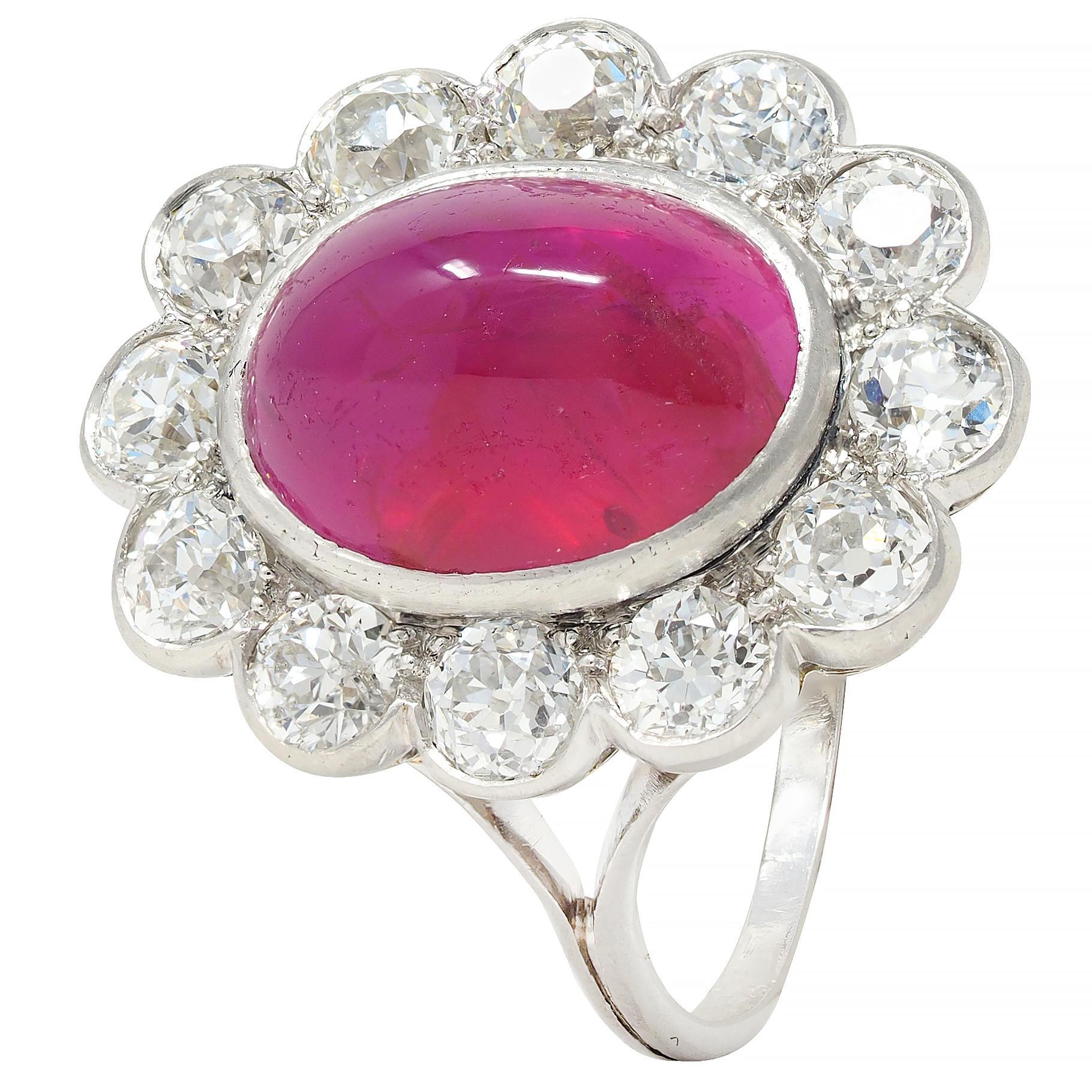 Art Deco 9.92 CTW No Heat Burma Ruby Diamond Platinum Vintage Halo Ring AGL For Sale 3