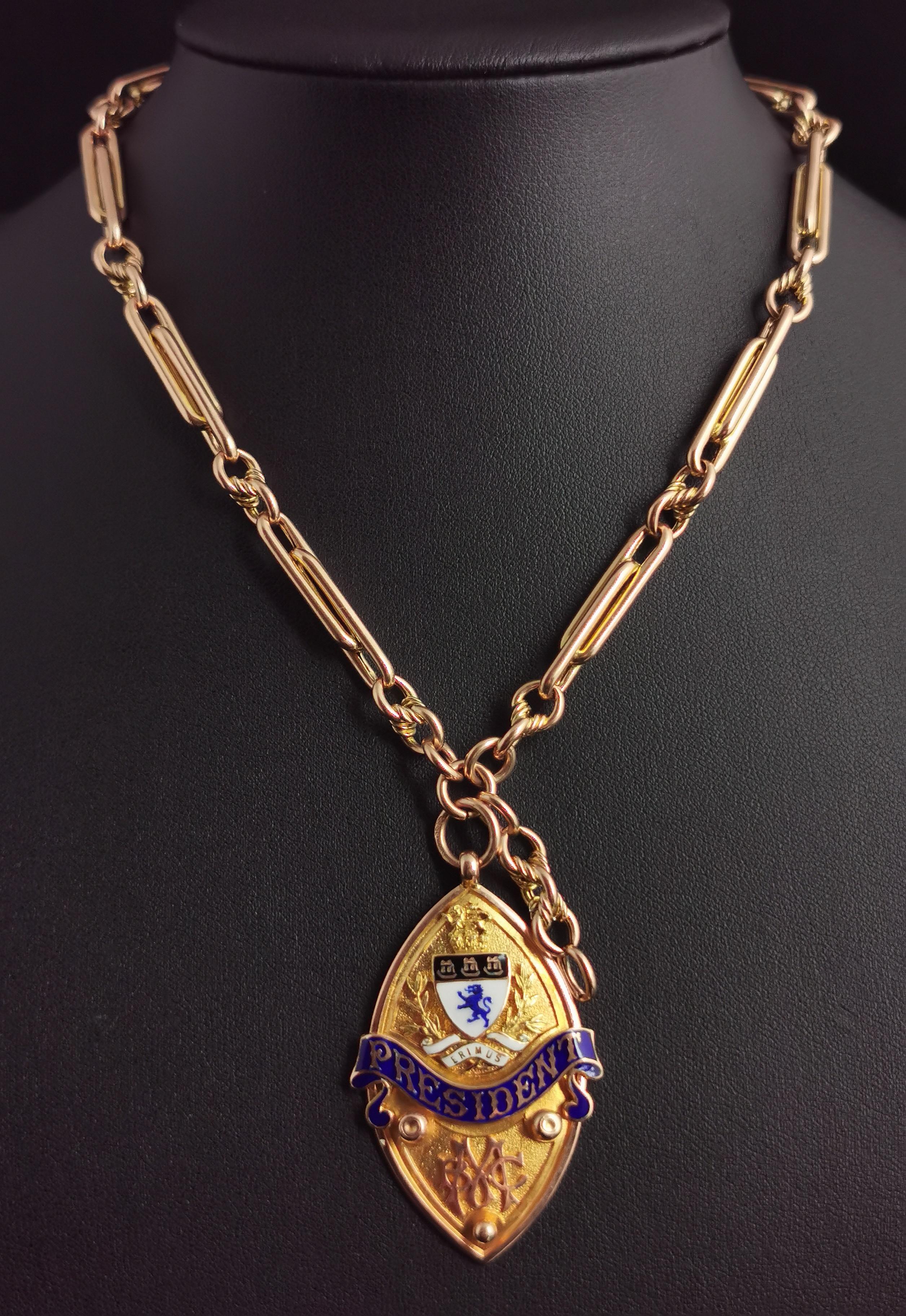 Art Deco 9ct Gold Fancy Link Albert Chain, Watch Chain Necklace, Enamelled Fob 6