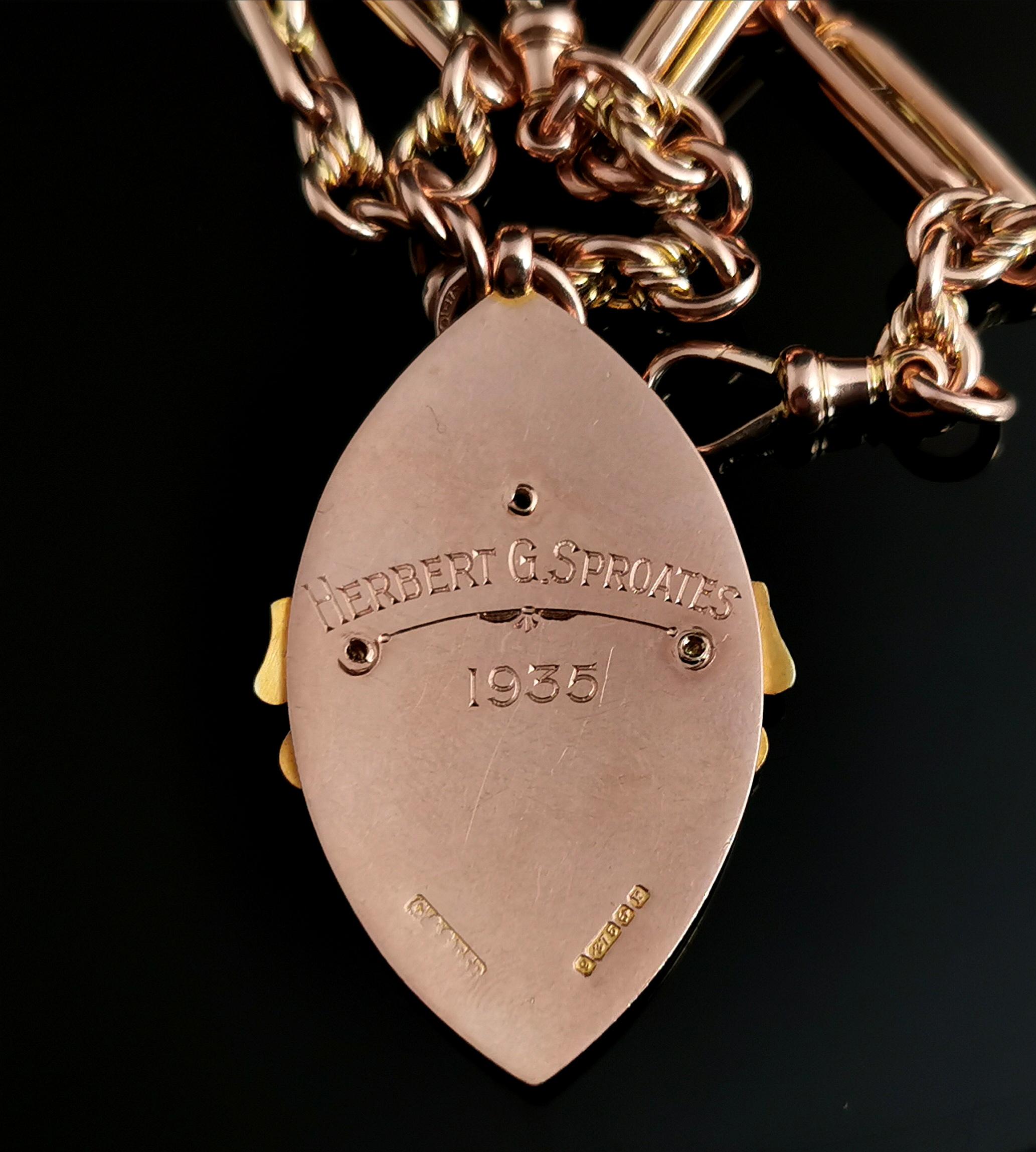 Art Deco 9ct Gold Fancy Link Albert Chain, Watch Chain Necklace, Enamelled Fob 8