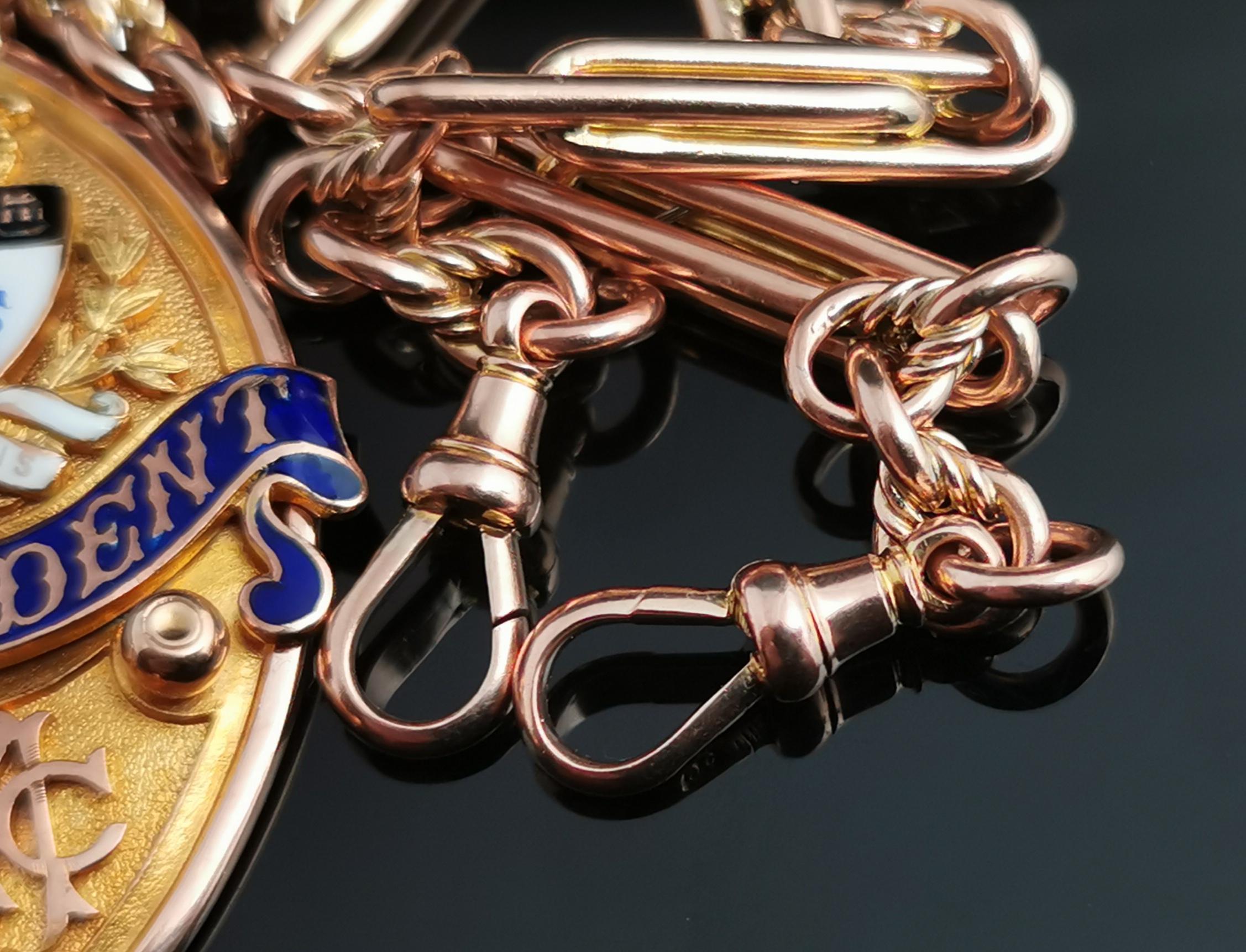 Art Deco 9ct Gold Fancy Link Albert Chain, Watch Chain Necklace, Enamelled Fob 9