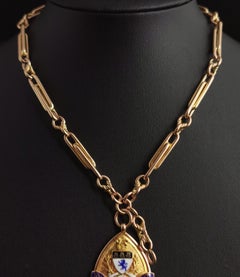 Art Deco 9ct Gold Fancy Link Albert Chain, Watch Chain Necklace, Enamelled Fob