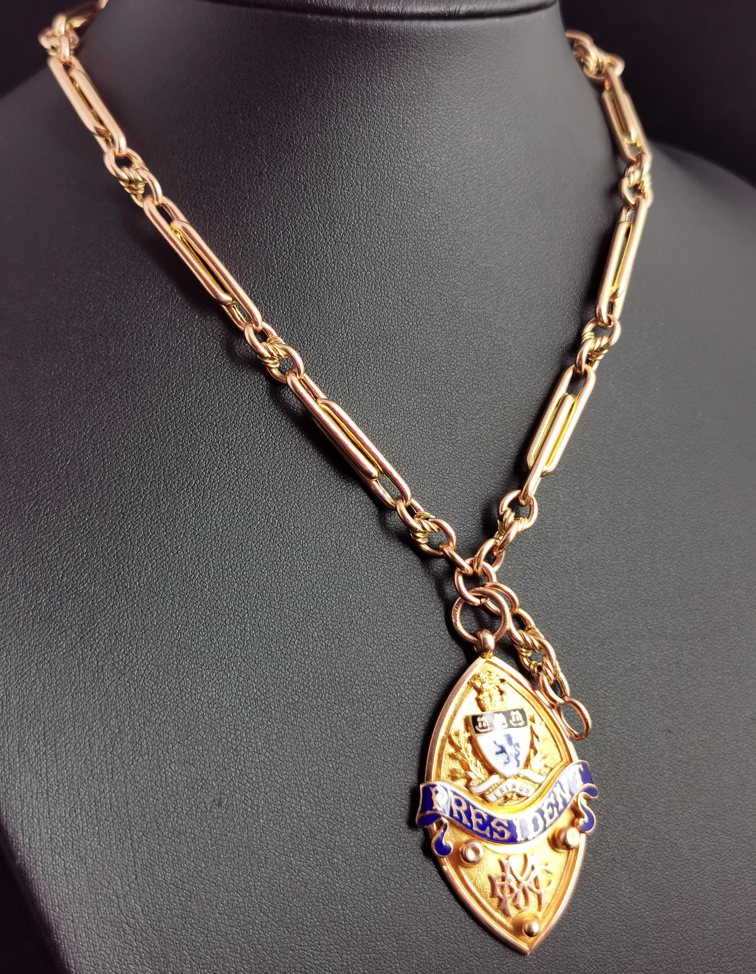 Women's or Men's Art Deco 9ct Gold Fancy Link Albert Chain, Watch Chain Necklace, Enamelled Fob