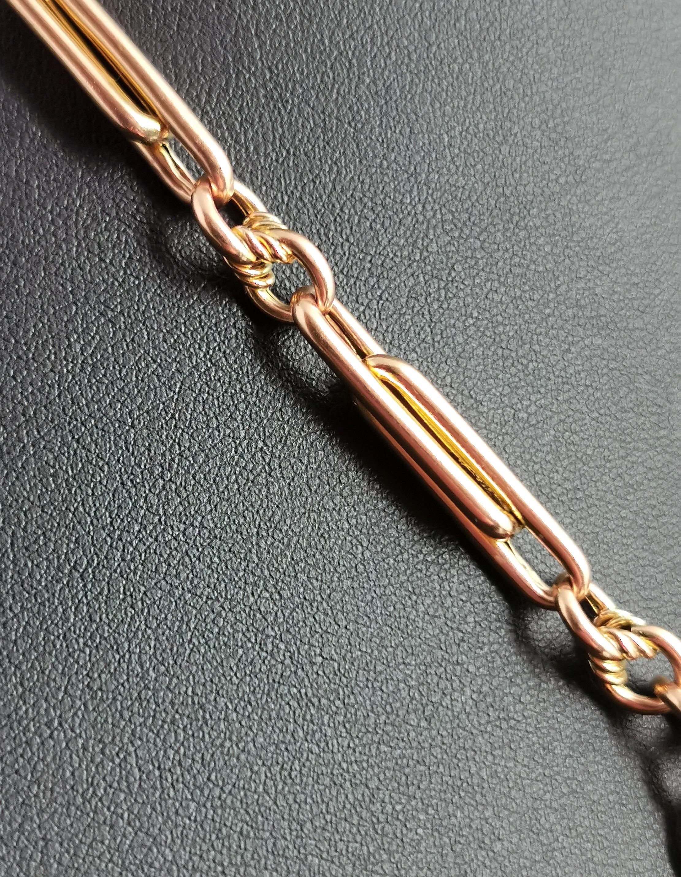 Art Deco 9ct Gold Fancy Link Albert Chain, Watch Chain Necklace, Enamelled Fob 5