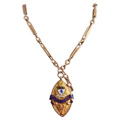 Art Deco 9ct Gold Fancy Link Albert Chain, Watch Chain Necklace, Enamelled Fob