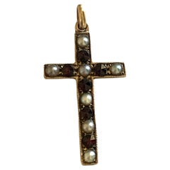 Art Deco 9ct Gold Garnet & Cultured Pearl Cross