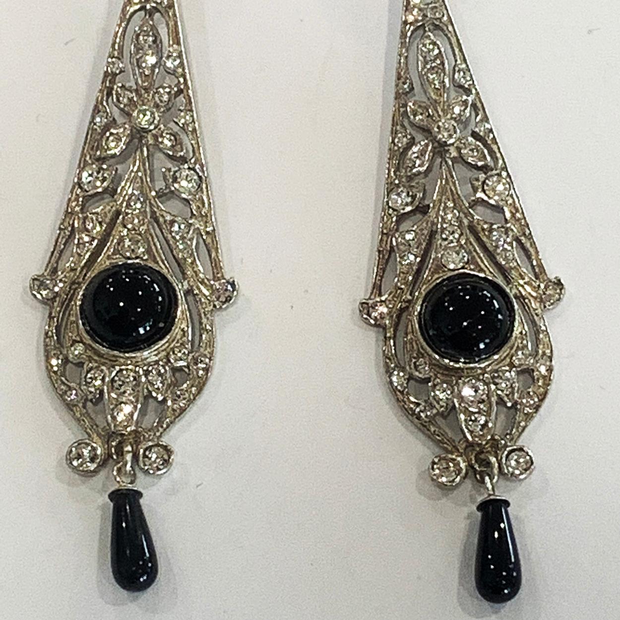 Women's Art Deco 9ct Gold, Silver, Onyx and Crystal earrings  For Sale