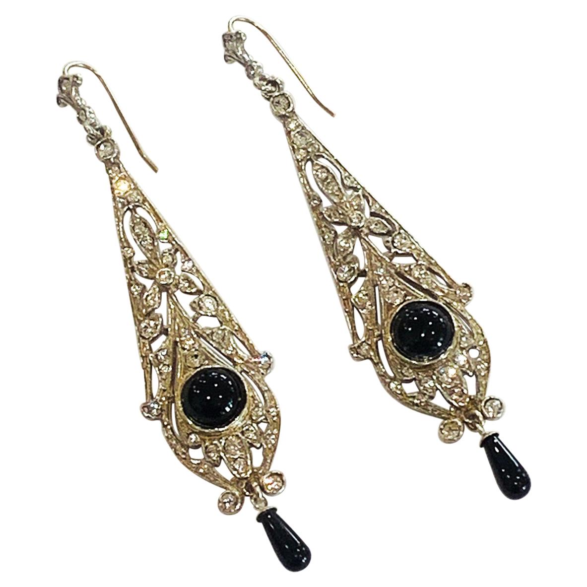 Art Deco 9ct Gold, Silver, Onyx and Crystal earrings  For Sale