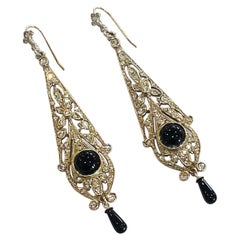 Vintage Art Deco 9ct Gold, Silver, Onyx and Crystal earrings