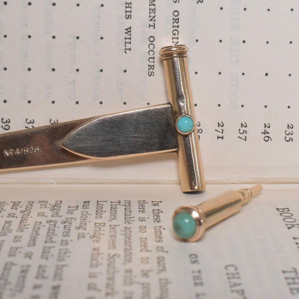 Oval Cut Art Deco 9ct Yellow Gold And Turquoise Duo Bookmark And Propelling Pencil For Sale