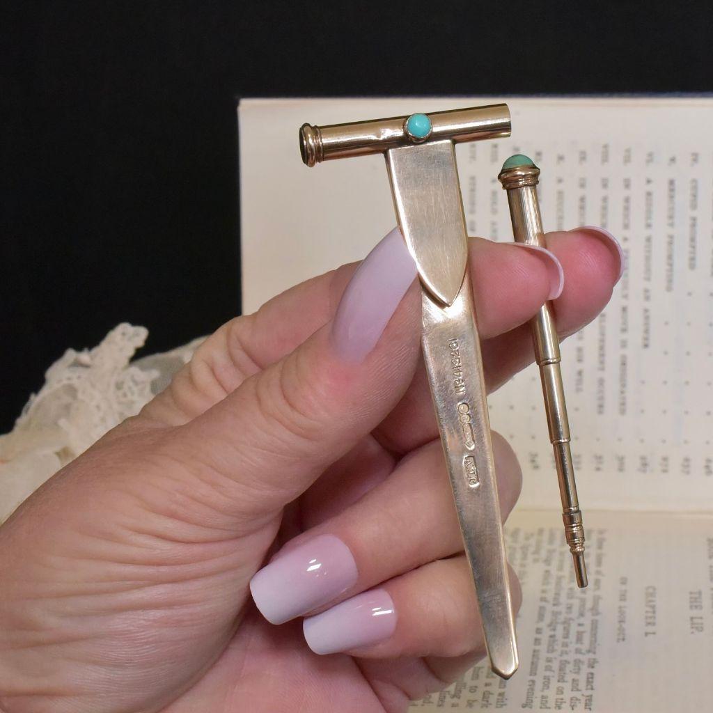 Women's or Men's Art Deco 9ct Yellow Gold And Turquoise Duo Bookmark And Propelling Pencil For Sale