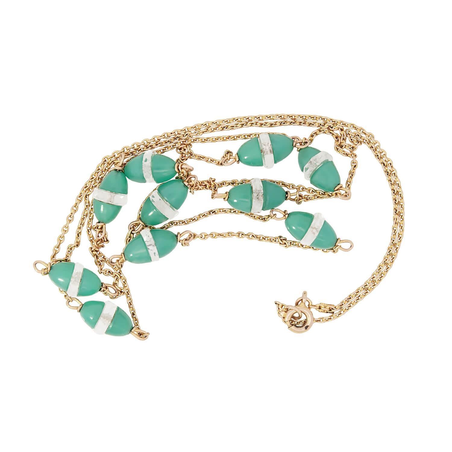 Collar Art Decó de Crisoprasa y Cristal de Cuarzo de Roca de 9k en Bueno estado para la venta en Narberth, PA