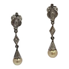 Orecchini Art Deco in oro 9K con diamante e perla da 6,5 mm