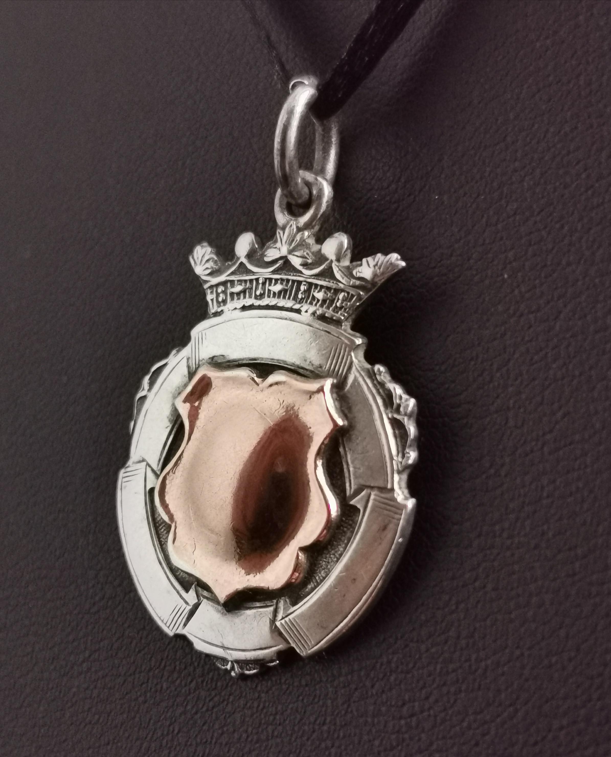 Women's or Men's Art Deco 9k Rose Gold and Sterling Silver Fob Pendant, Watch Chain Fob