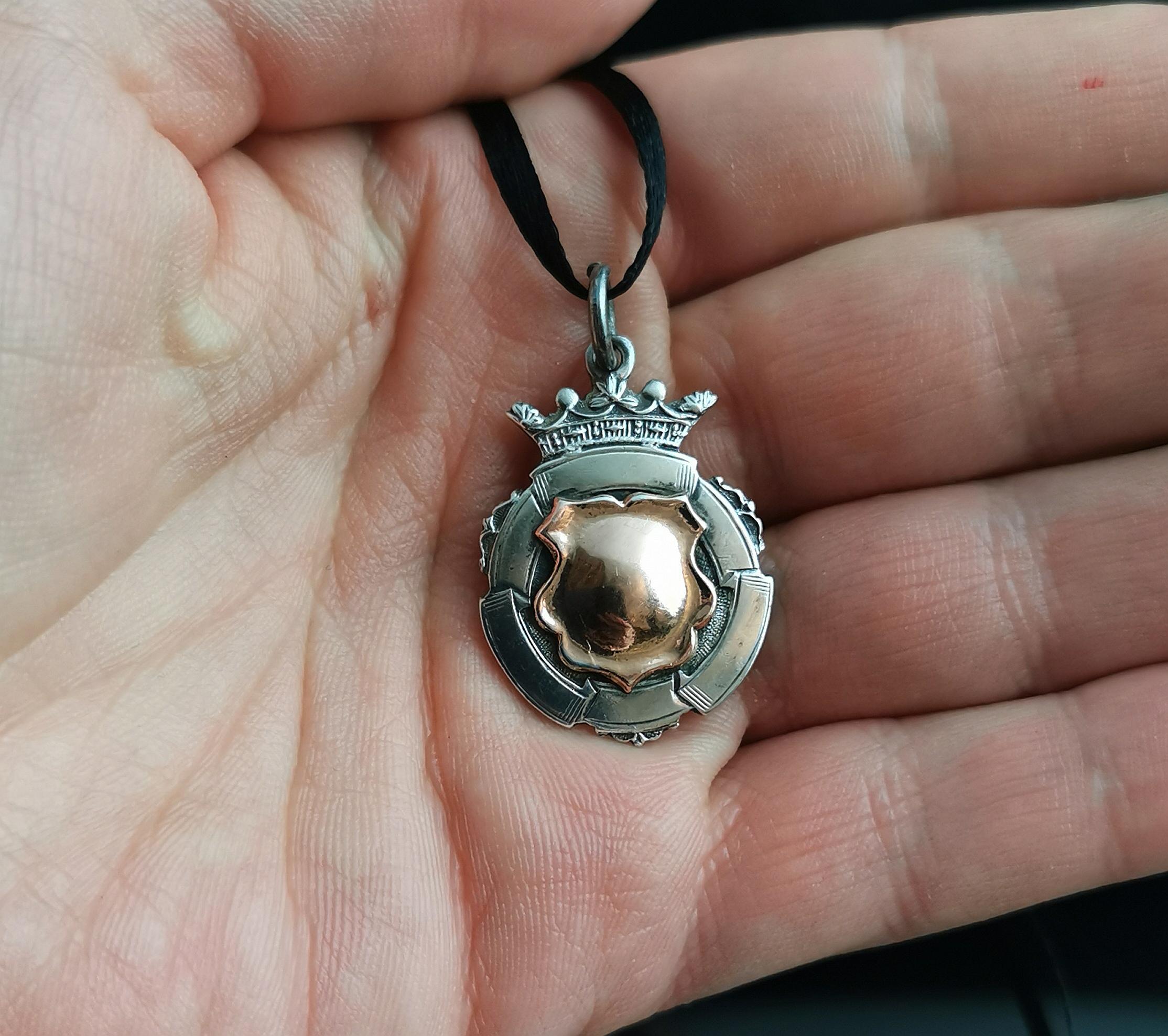 Art Deco 9k Rose Gold and Sterling Silver Fob Pendant, Watch Chain Fob 2