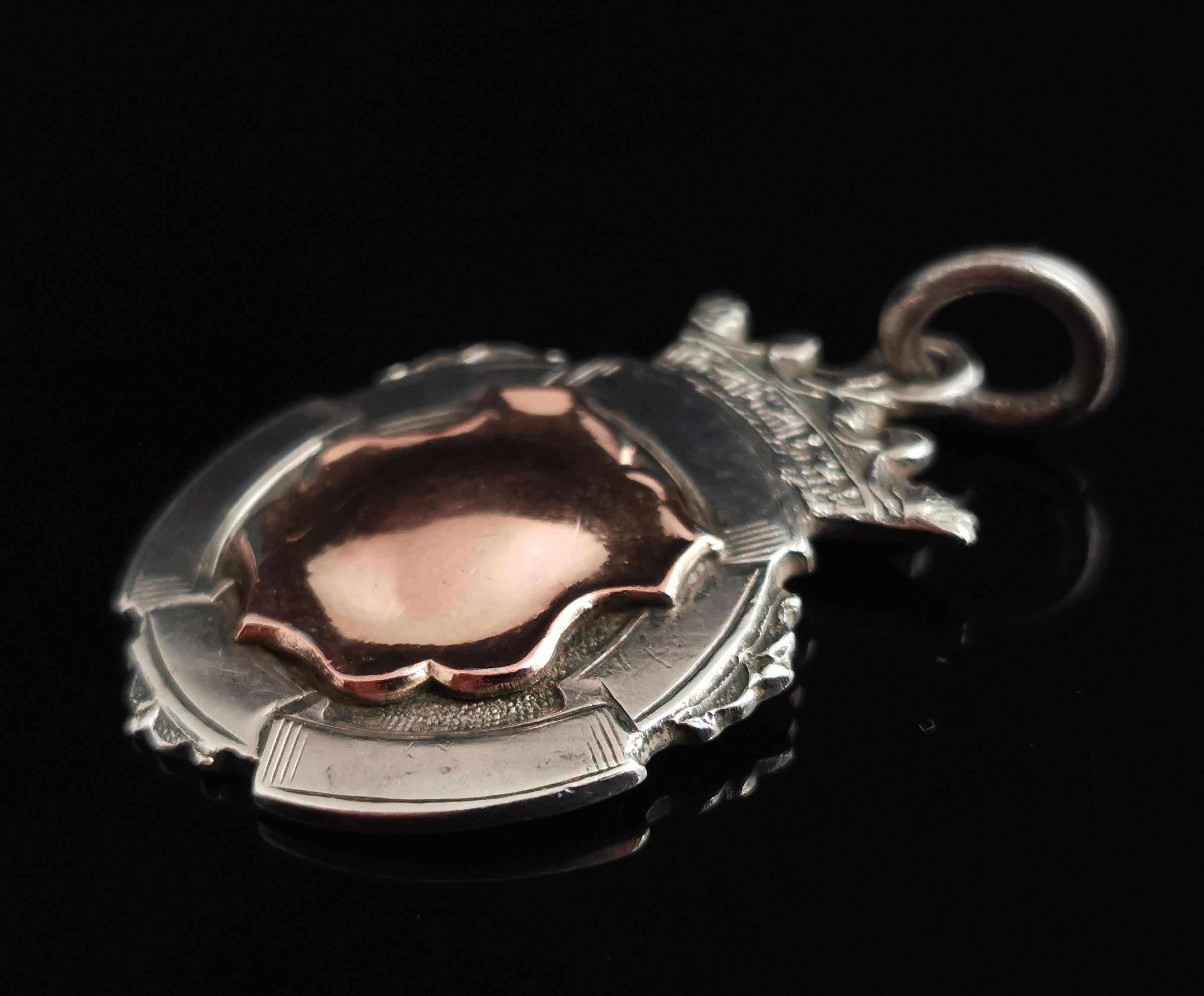 Art Deco 9k Rose Gold and Sterling Silver Fob Pendant, Watch Chain Fob 3
