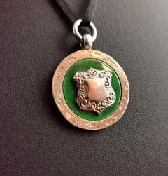 Art Deco 9k Rose Gold, Guilloche Enamel and Sterling Silver Fob Pendant