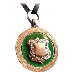Art Deco 9k Rose Gold, Guilloche Enamel and Sterling Silver Fob Pendant
