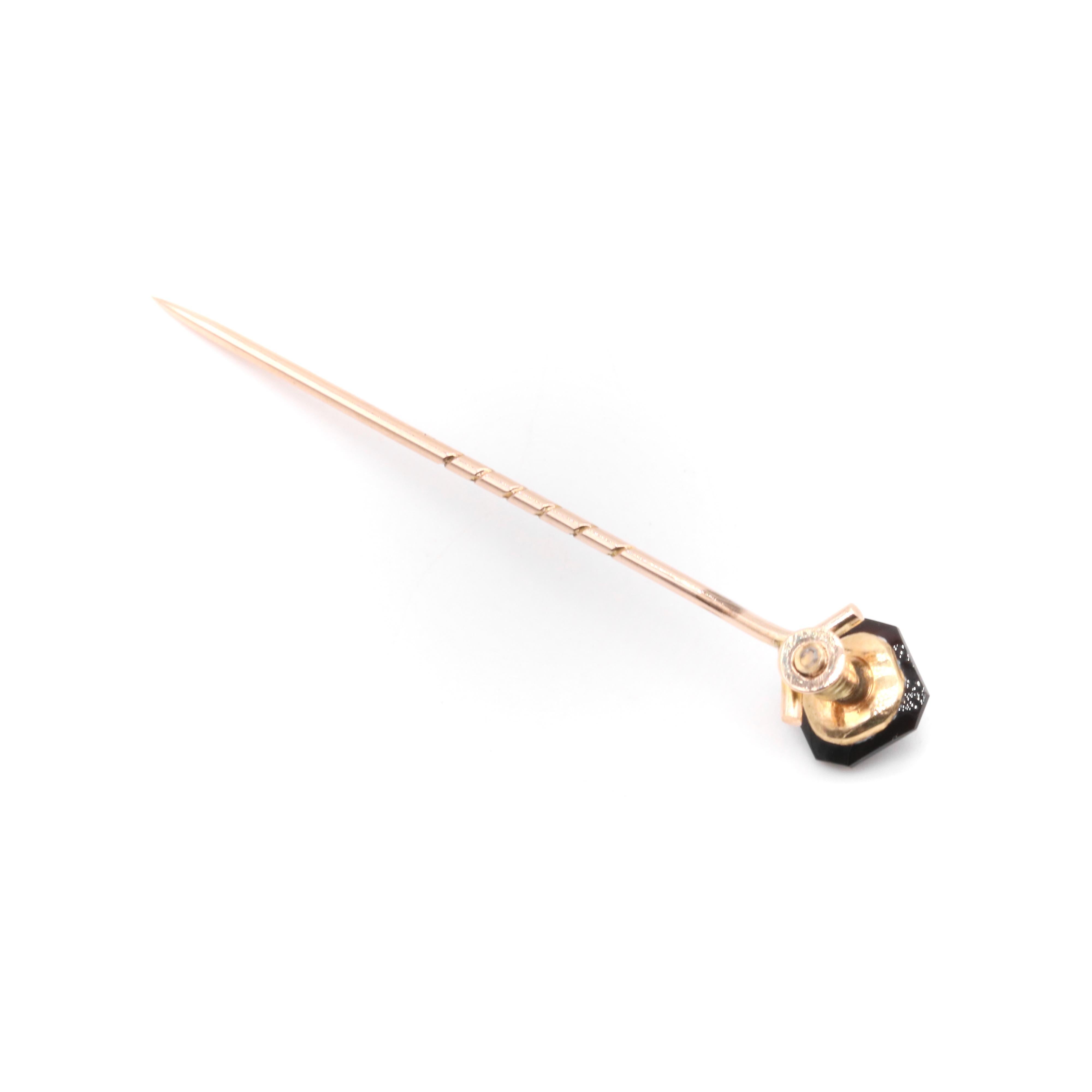 Art Deco 9K Yellow Gold and Platinum Onyx and Pearl Convertible Stick Pin Set For Sale 5