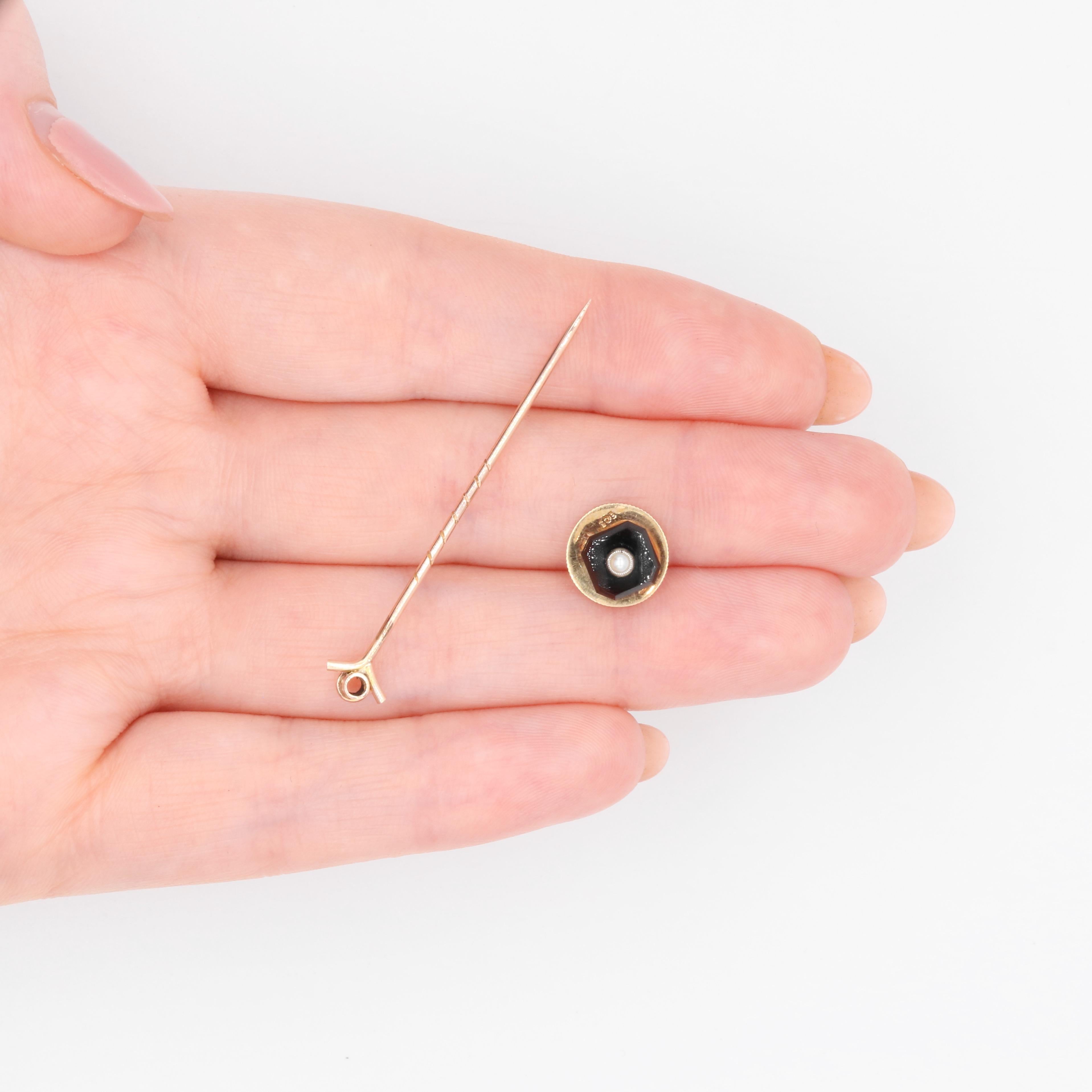 Art Deco 9K Yellow Gold and Platinum Onyx and Pearl Convertible Stick Pin Set For Sale 6