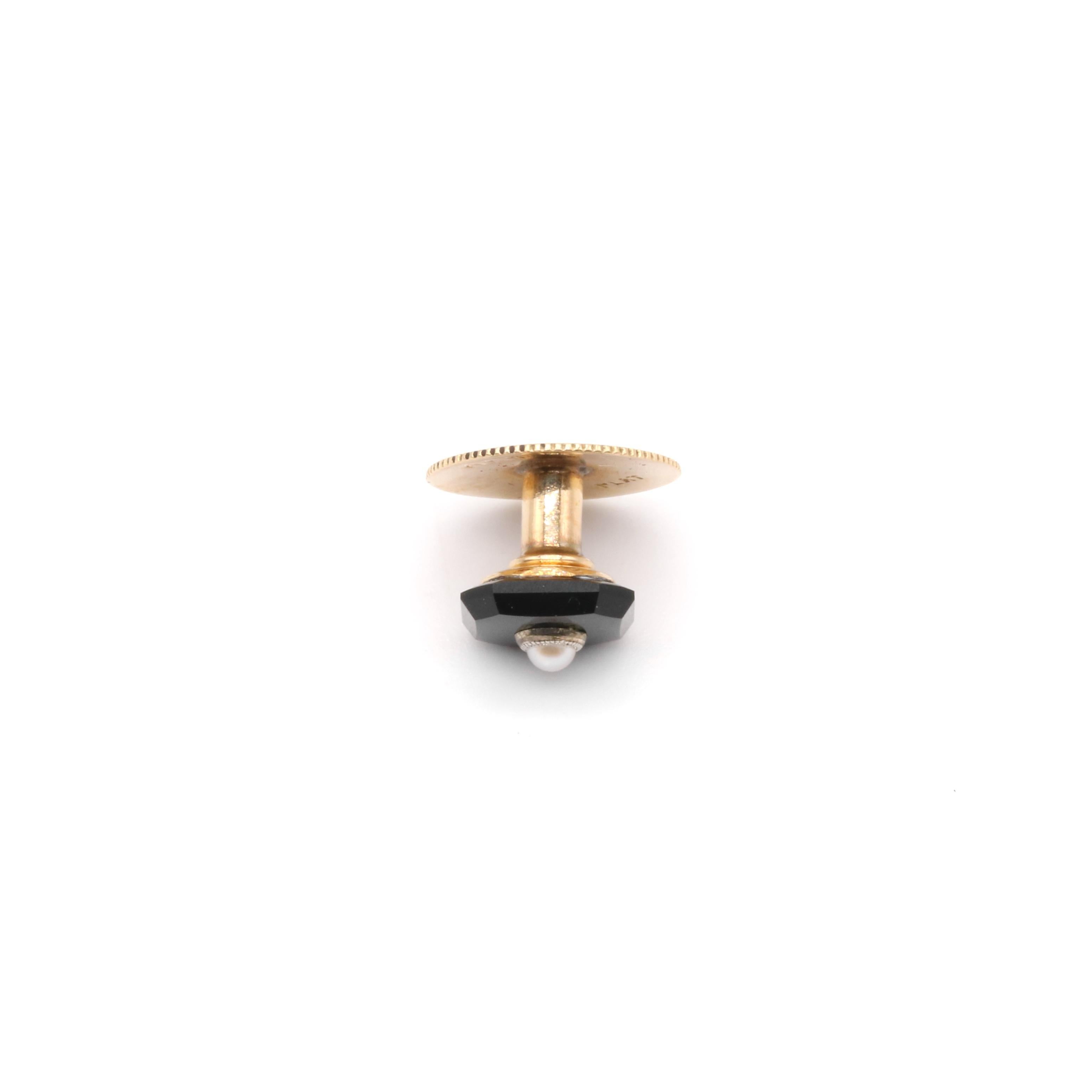 Art Deco 9K Yellow Gold and Platinum Onyx and Pearl Convertible Stick Pin Set For Sale 1