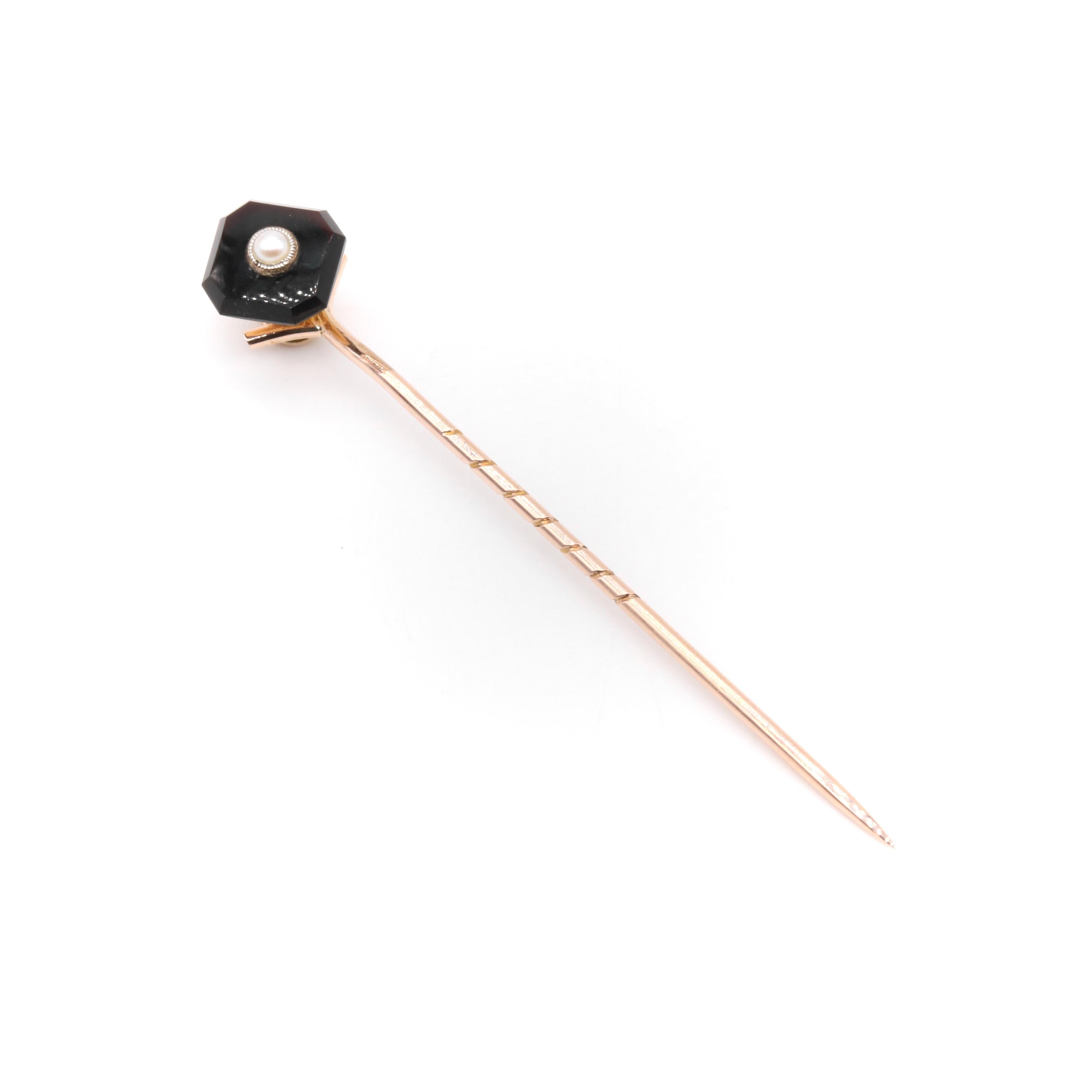 Art Deco 9K Yellow Gold and Platinum Onyx and Pearl Convertible Stick Pin Set For Sale 3