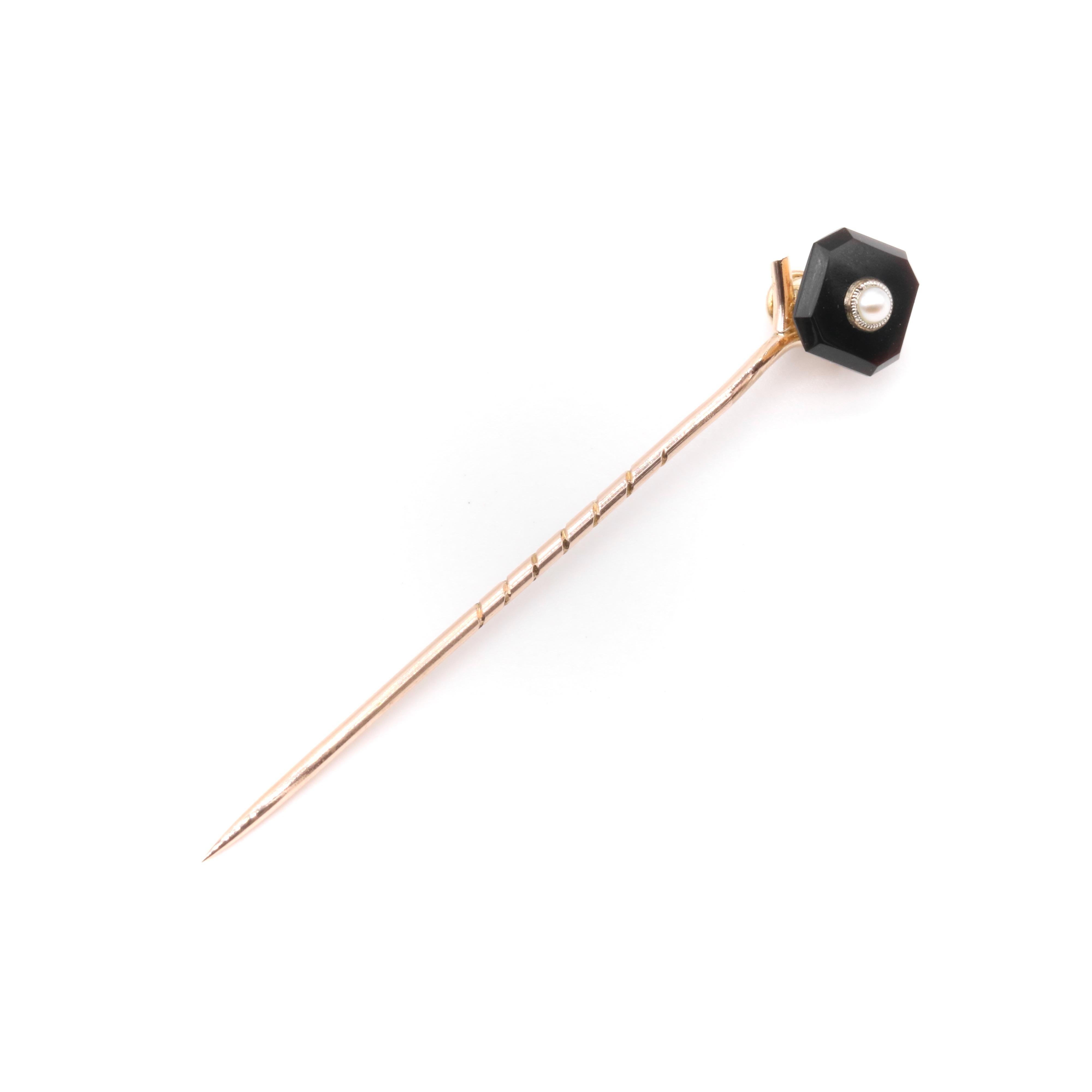 Art Deco 9K Yellow Gold and Platinum Onyx and Pearl Convertible Stick Pin Set For Sale 4