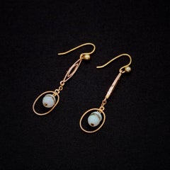 Art Deco 9K Yellow Gold Opal and Faceted Rock Crystal Drop Earrings