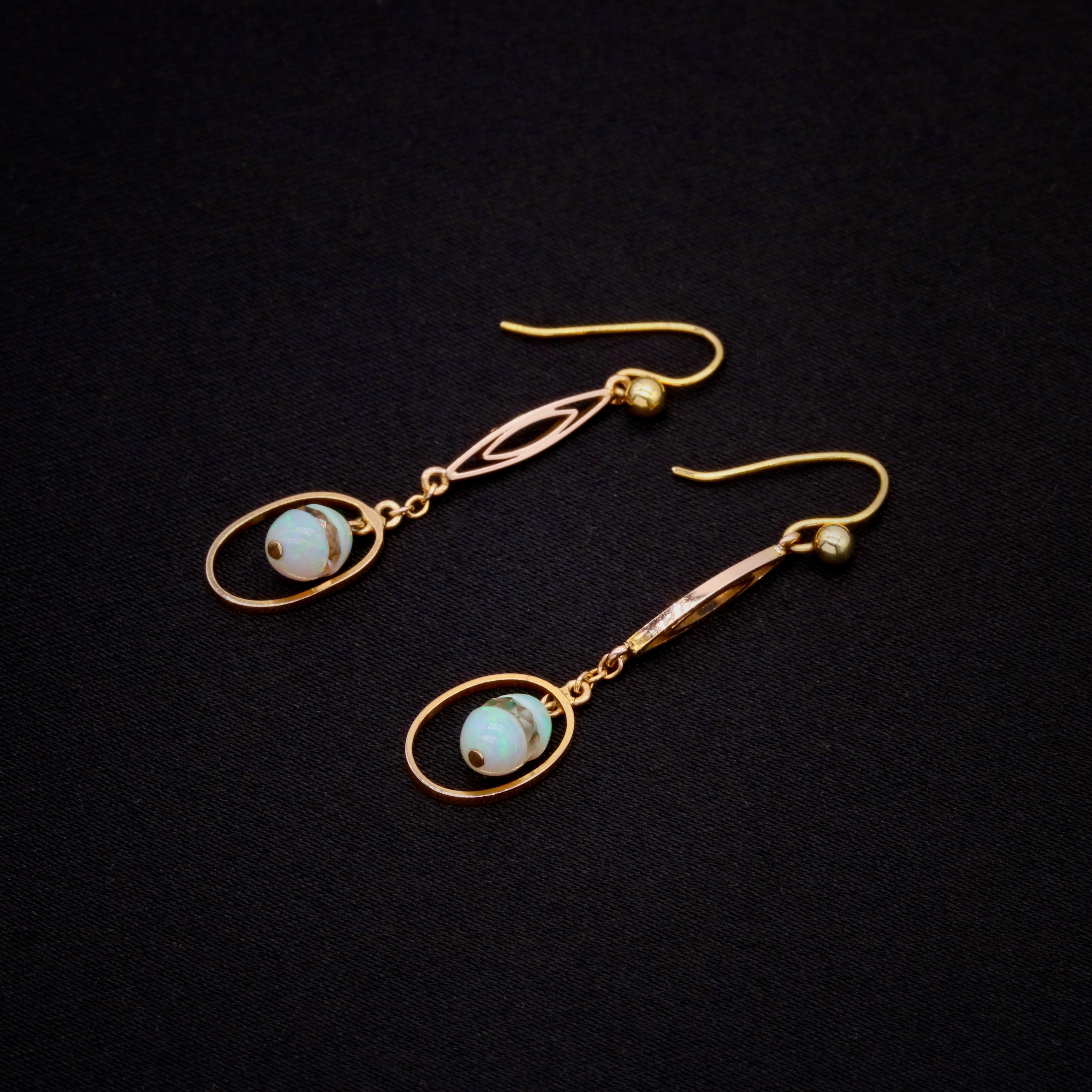Cabochon Art Deco 9K Yellow Gold Opal and Faceted Rock Crystal Drop Earrings For Sale