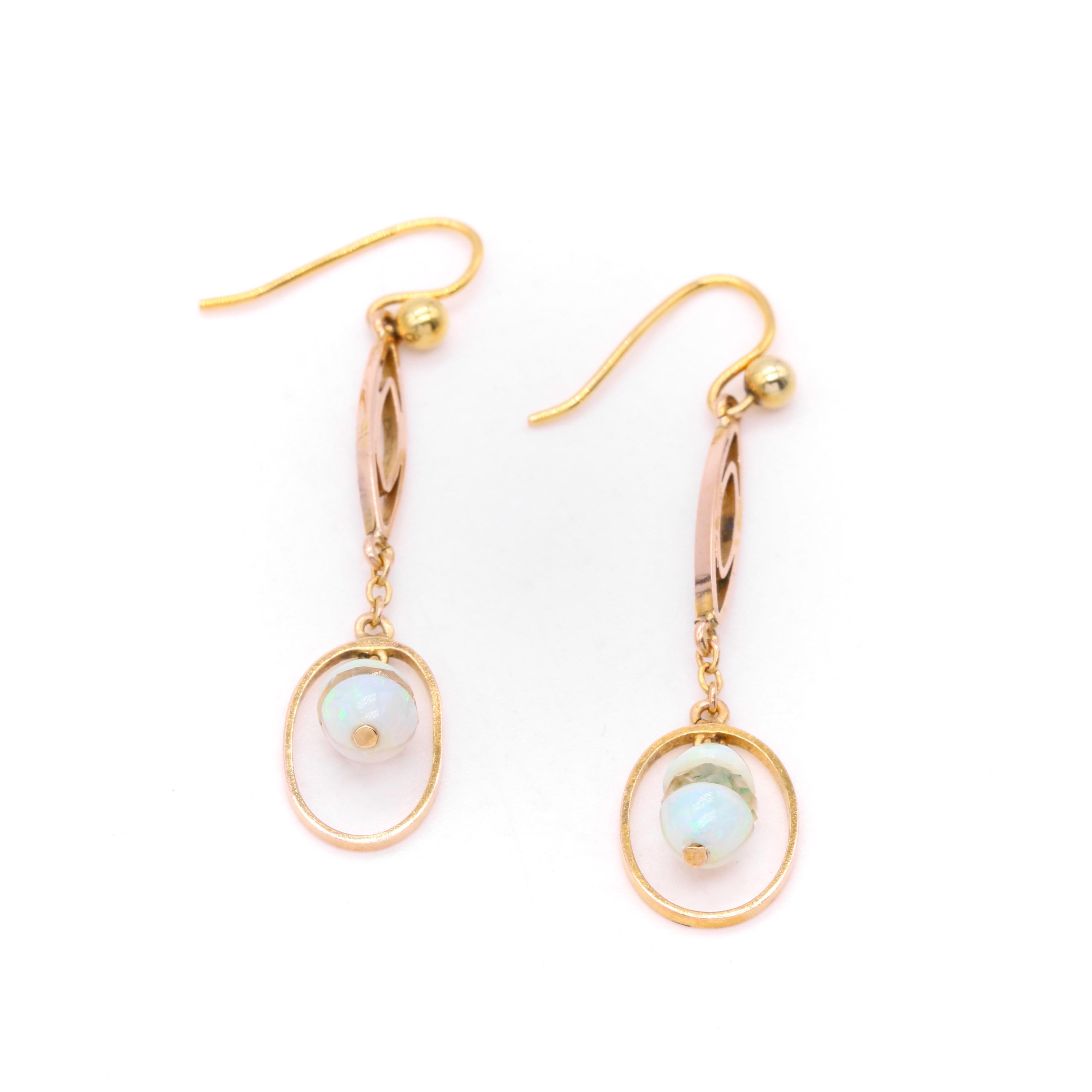 Women's or Men's Art Deco 9K Yellow Gold Opal and Faceted Rock Crystal Drop Earrings For Sale