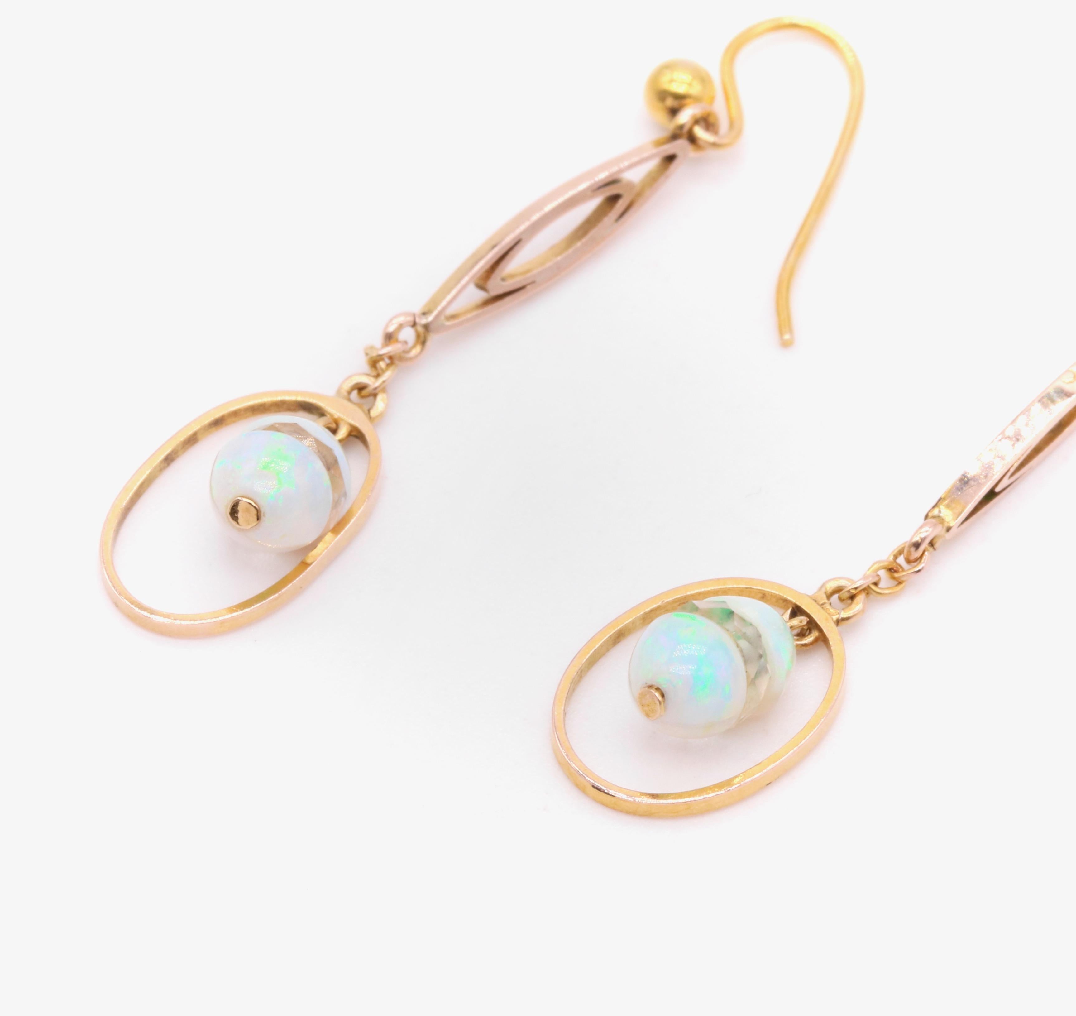 Art Deco 9K Yellow Gold Opal and Faceted Rock Crystal Drop Earrings For Sale 2