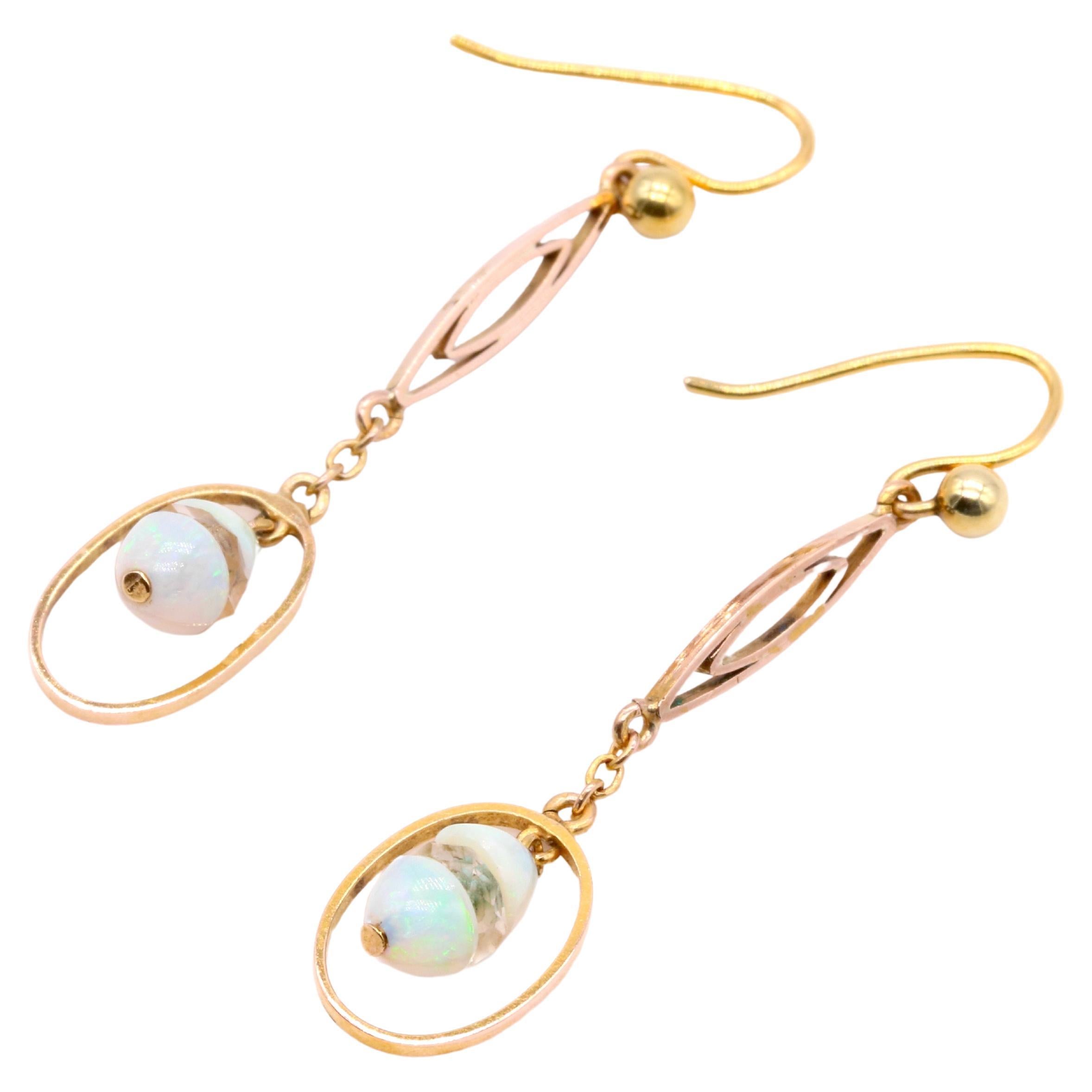 Art Deco 9K Yellow Gold Opal and Faceted Rock Crystal Drop Earrings For Sale