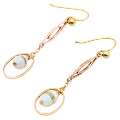 Art Deco 9K Yellow Gold Opal and Faceted Rock Crystal Drop Earrings