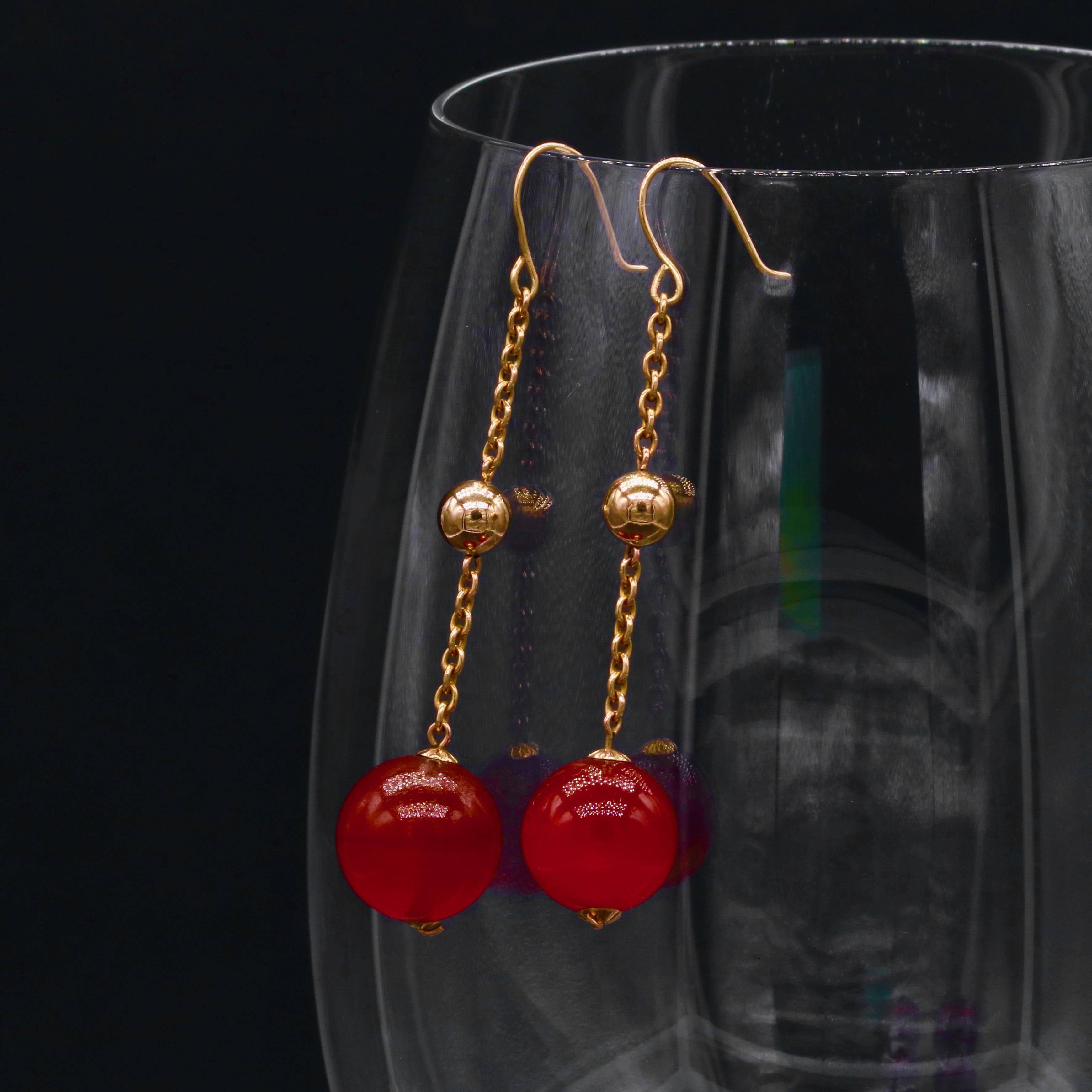 Art Deco 9K Yellow Gold Spherical Carnelian Cabochon Drop Earrings In Good Condition In Staines-Upon-Thames, GB