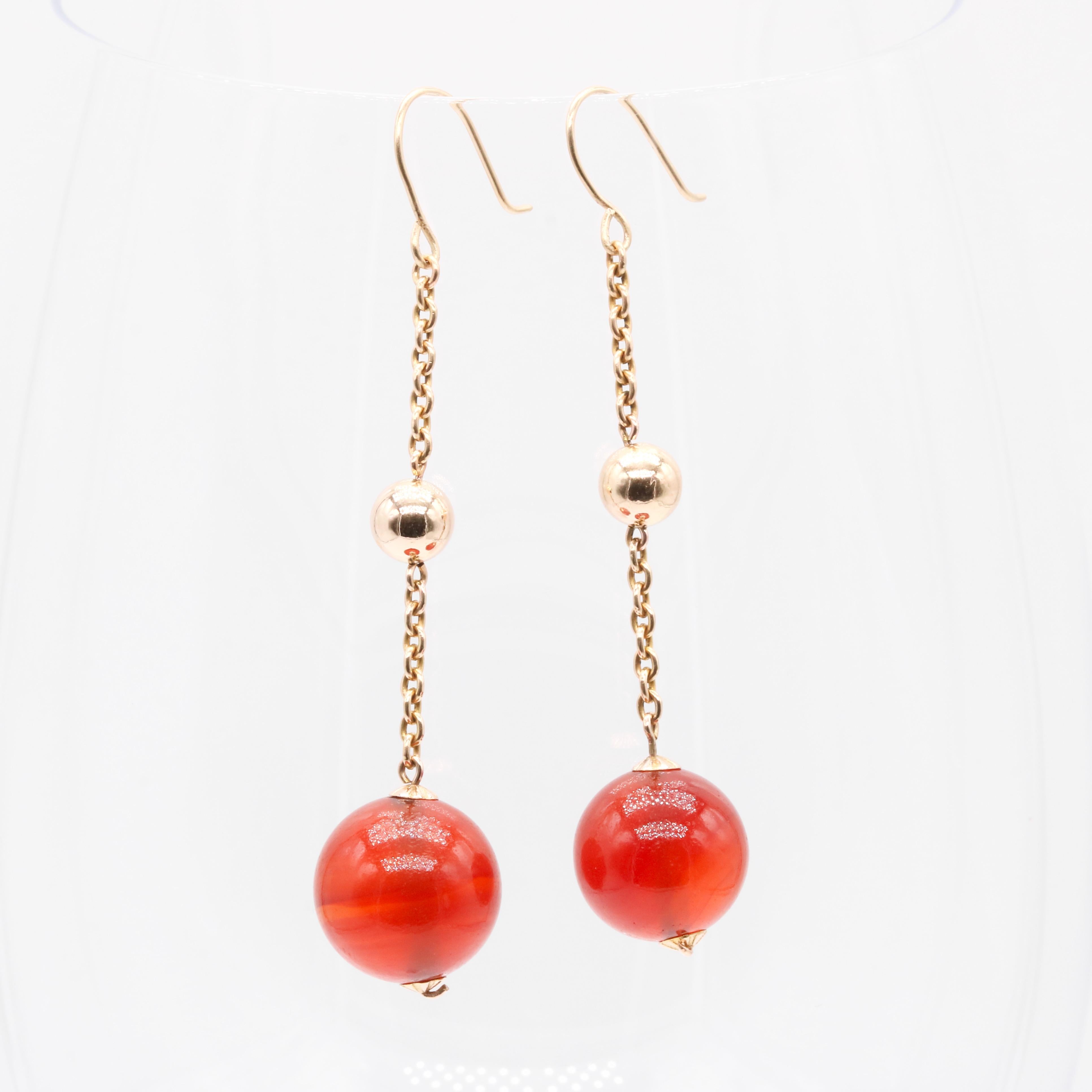 Women's or Men's Art Deco 9K Yellow Gold Spherical Carnelian Cabochon Drop Earrings