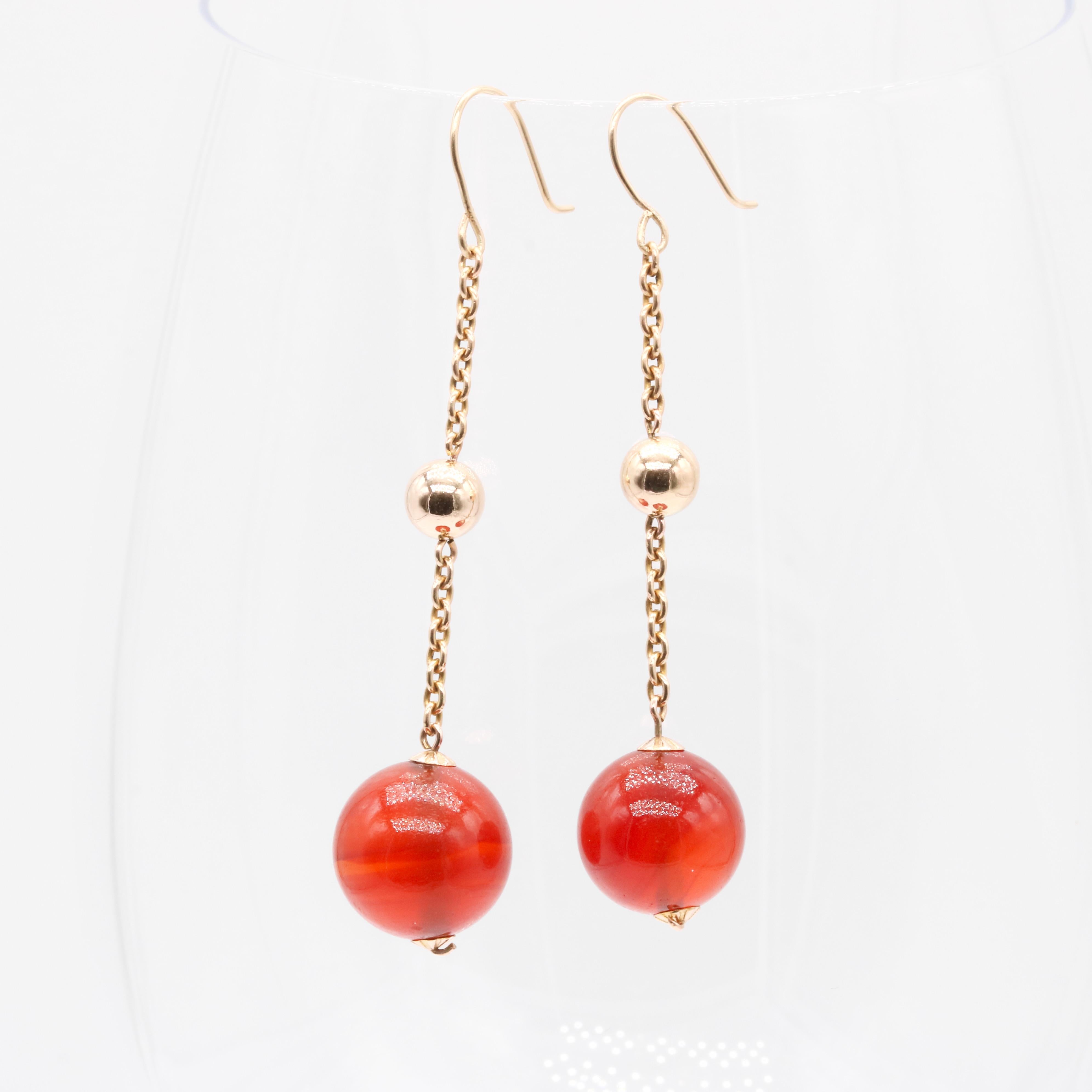 Art Deco 9K Yellow Gold Spherical Carnelian Cabochon Drop Earrings 1
