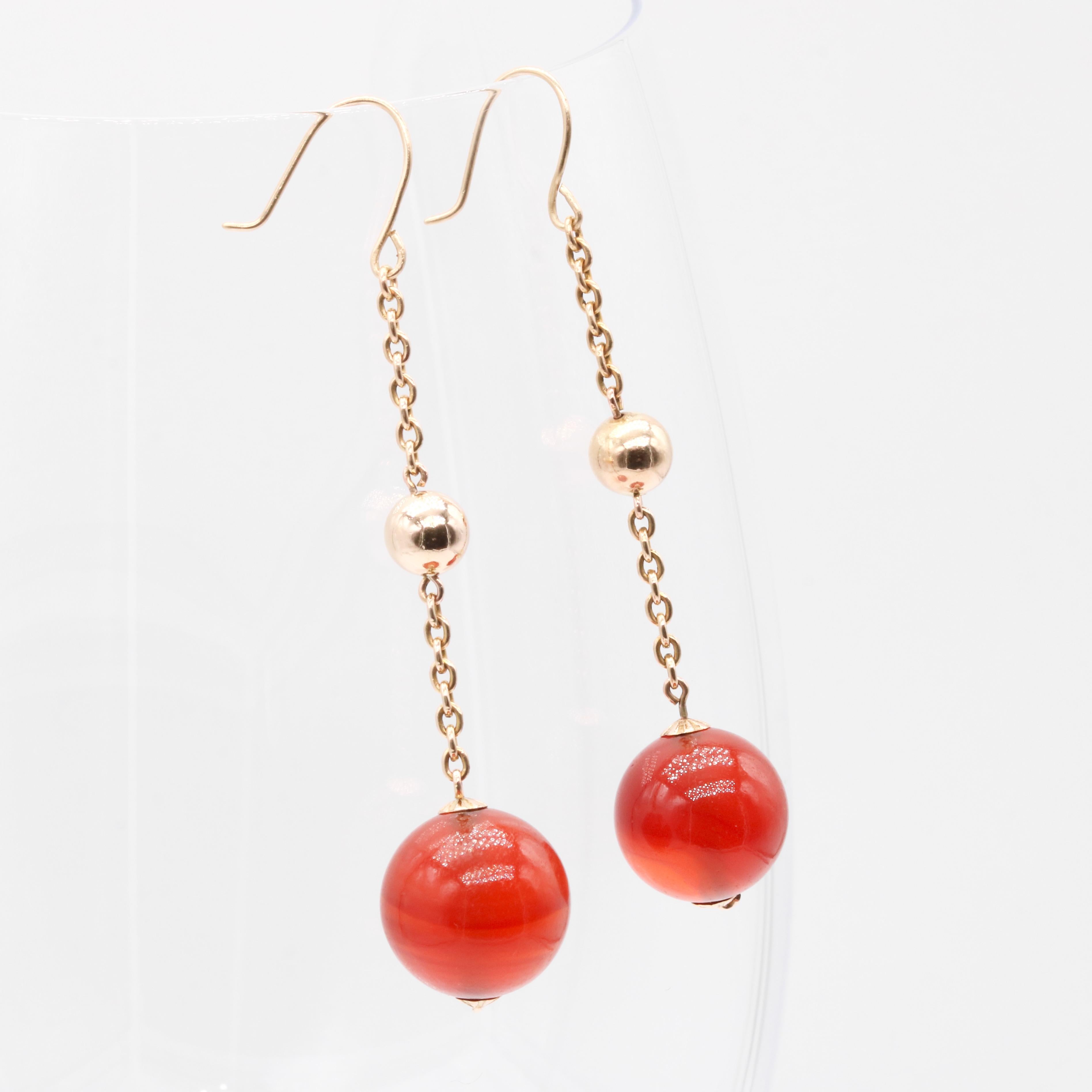 Art Deco 9K Yellow Gold Spherical Carnelian Cabochon Drop Earrings 2