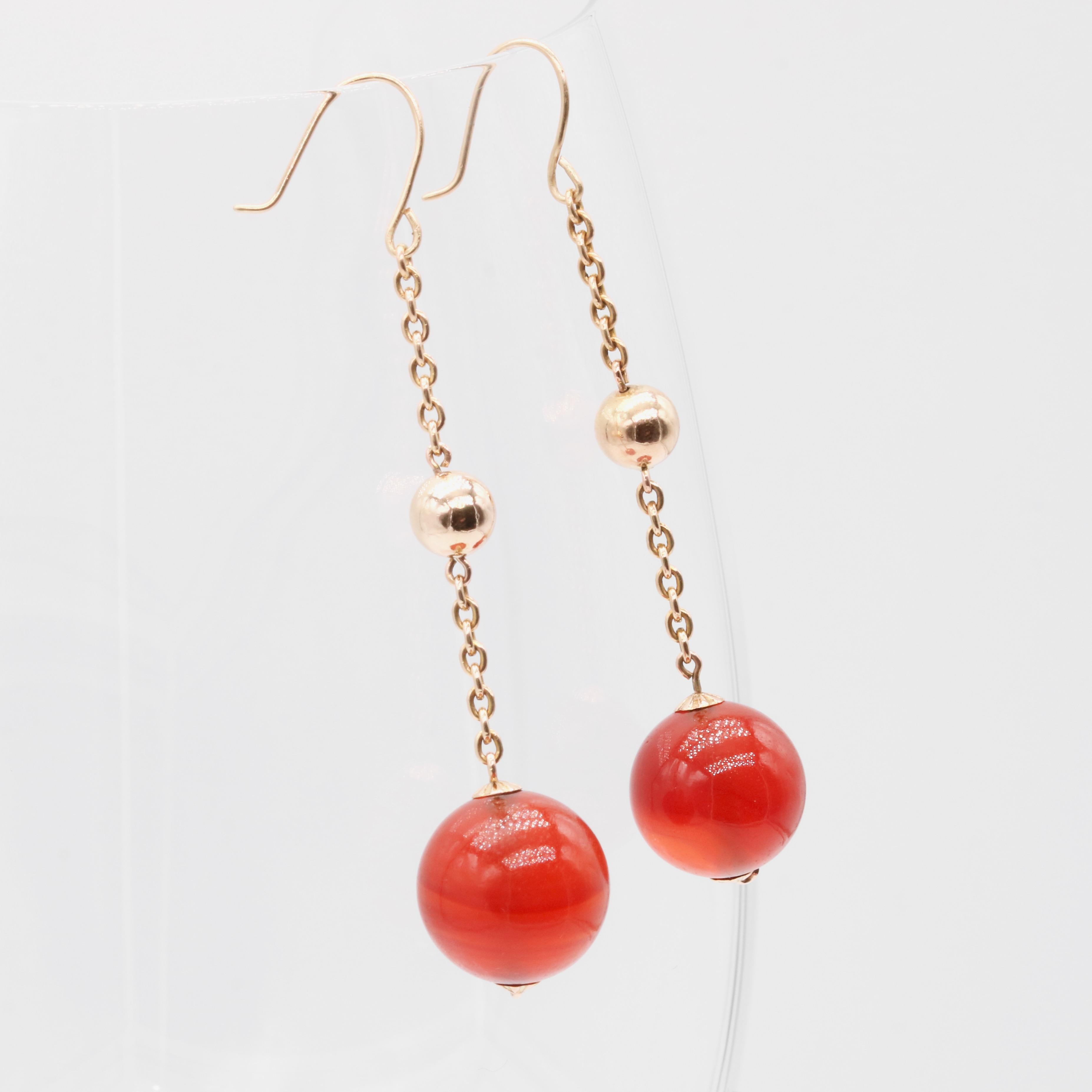 Art Deco 9K Yellow Gold Spherical Carnelian Cabochon Drop Earrings 3
