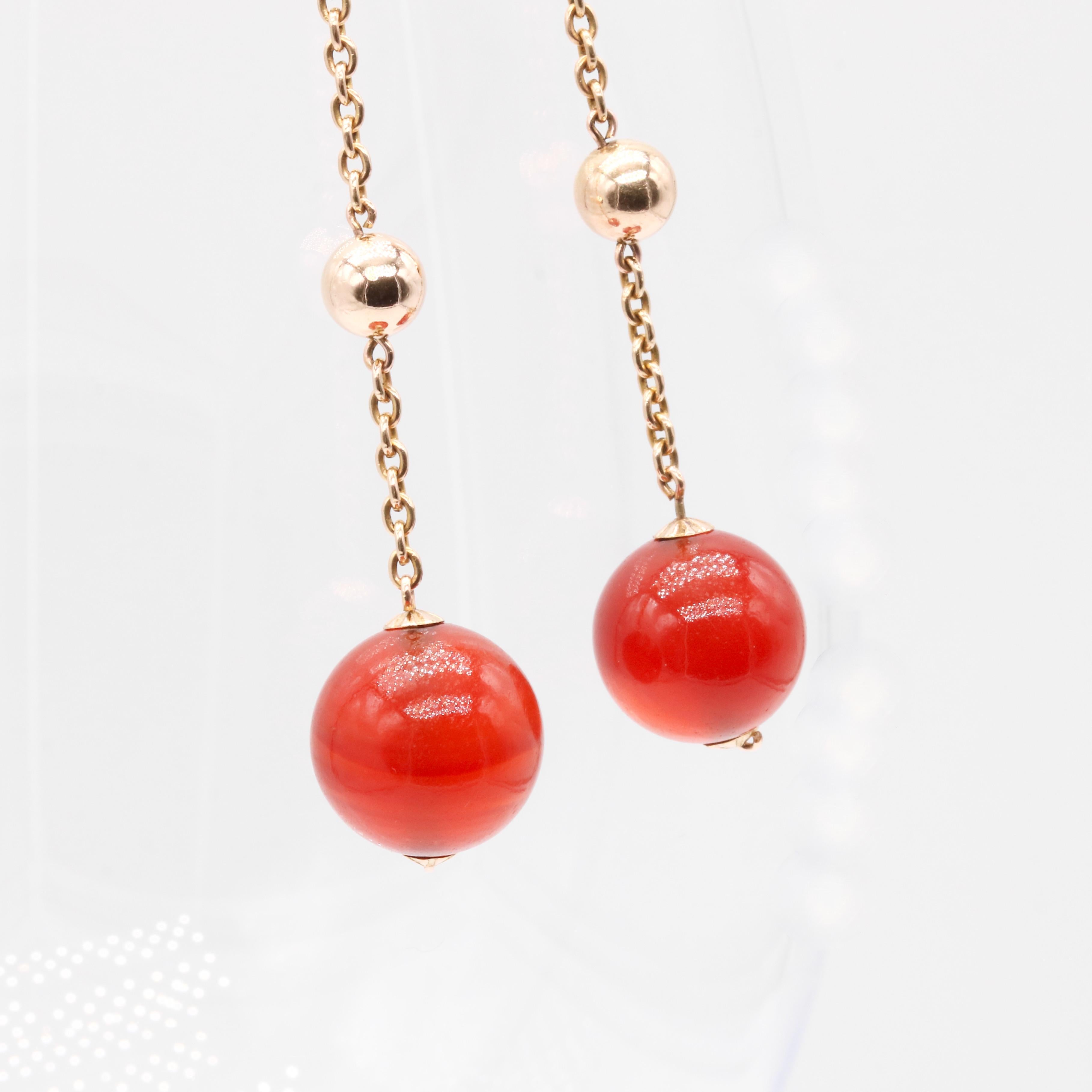 Art Deco 9K Yellow Gold Spherical Carnelian Cabochon Drop Earrings 4