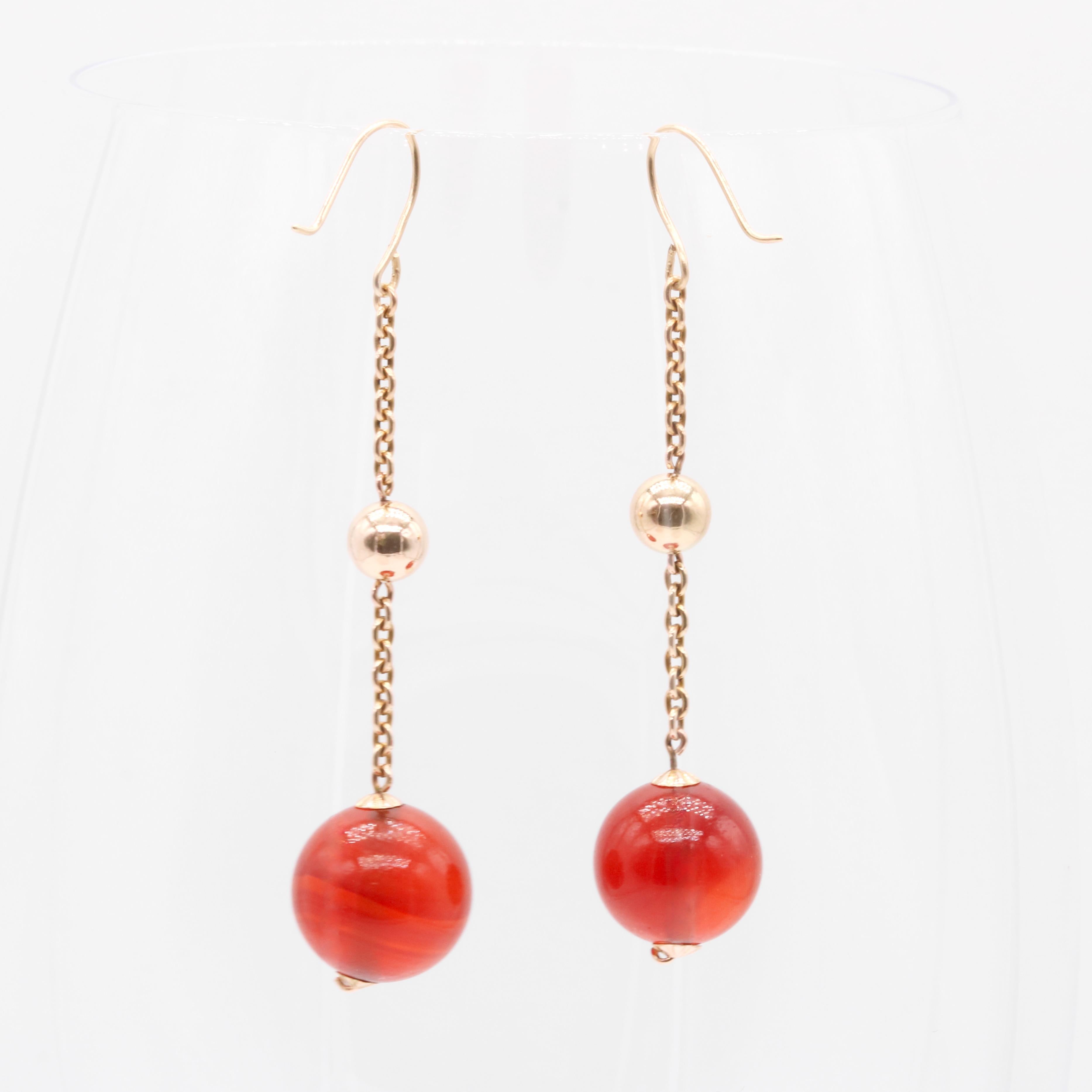 Art Deco 9K Yellow Gold Spherical Carnelian Cabochon Drop Earrings 5