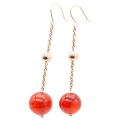 Vintage Art Deco 9K Yellow Gold Spherical Carnelian Cabochon Drop Earrings