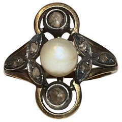 Art Deco 9kt Gold, Rose Cut Diamonds and Natural Pearl Ring, Italy