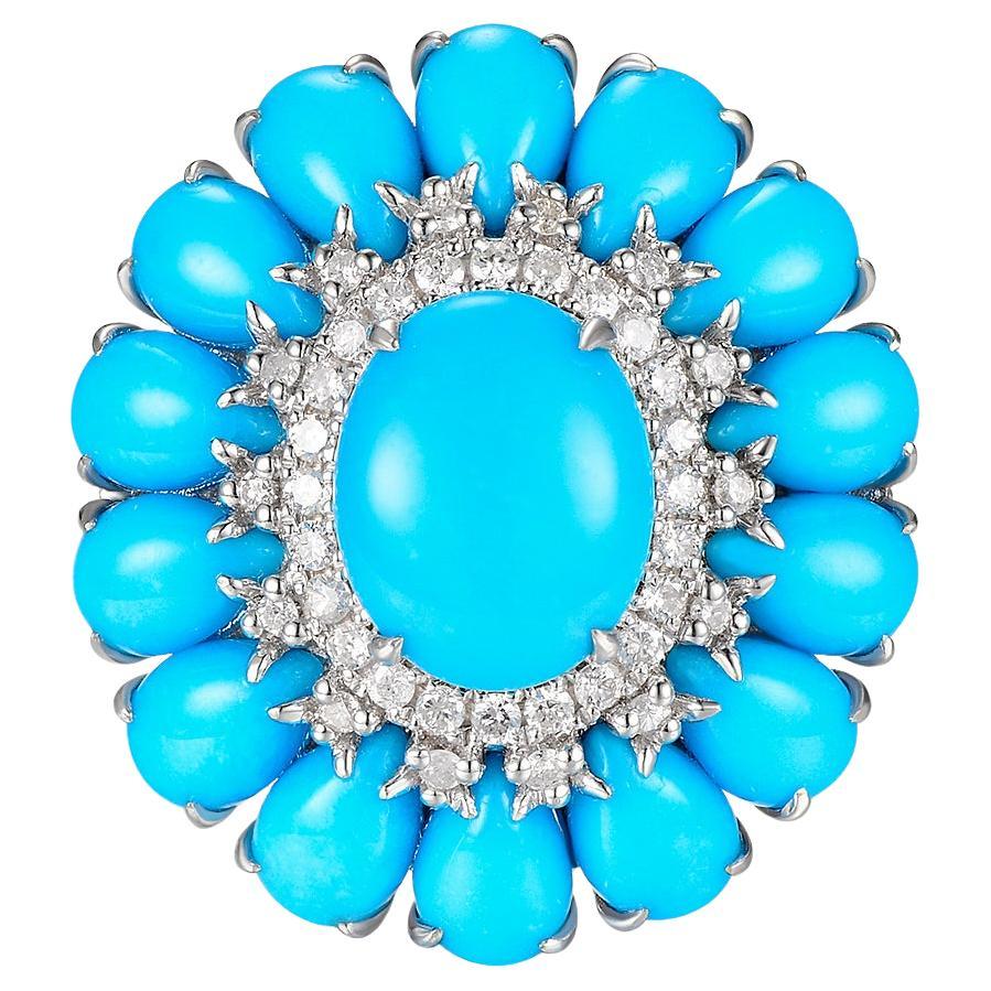 Anello Art Deco 9x11mm con diamante turchese e cluster in oro bianco 14 carati
