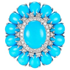 Art Deco 9x11mm Turquoise Diamond Cluster Ring in 14 Karat White Gold