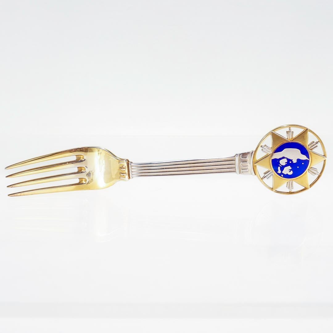 Art Deco A. Michelsen Sterling Silver & Enamel 1931 Christmas Spoon & Fork Set For Sale 5