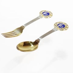 Art Deco A. Michelsen Sterling Silber & Emaille 1931 Weihnachten Löffel & Gabel Set