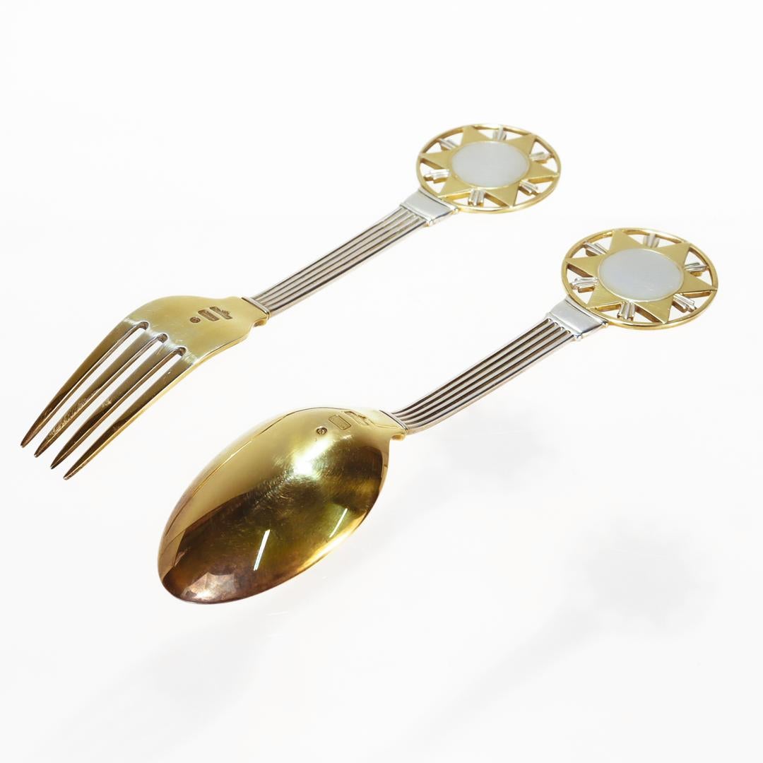 Art Deco A. Michelsen Sterling Silver & Enamel 1931 Christmas Spoon & Fork Set In Good Condition For Sale In Philadelphia, PA