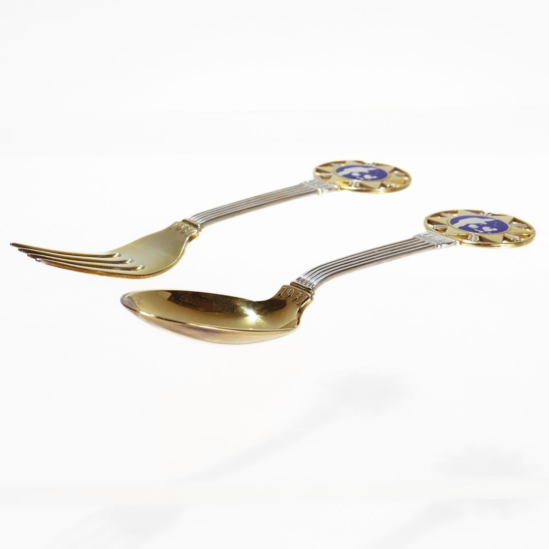 Mid-20th Century Art Deco A. Michelsen Sterling Silver & Enamel 1931 Christmas Spoon & Fork Set For Sale