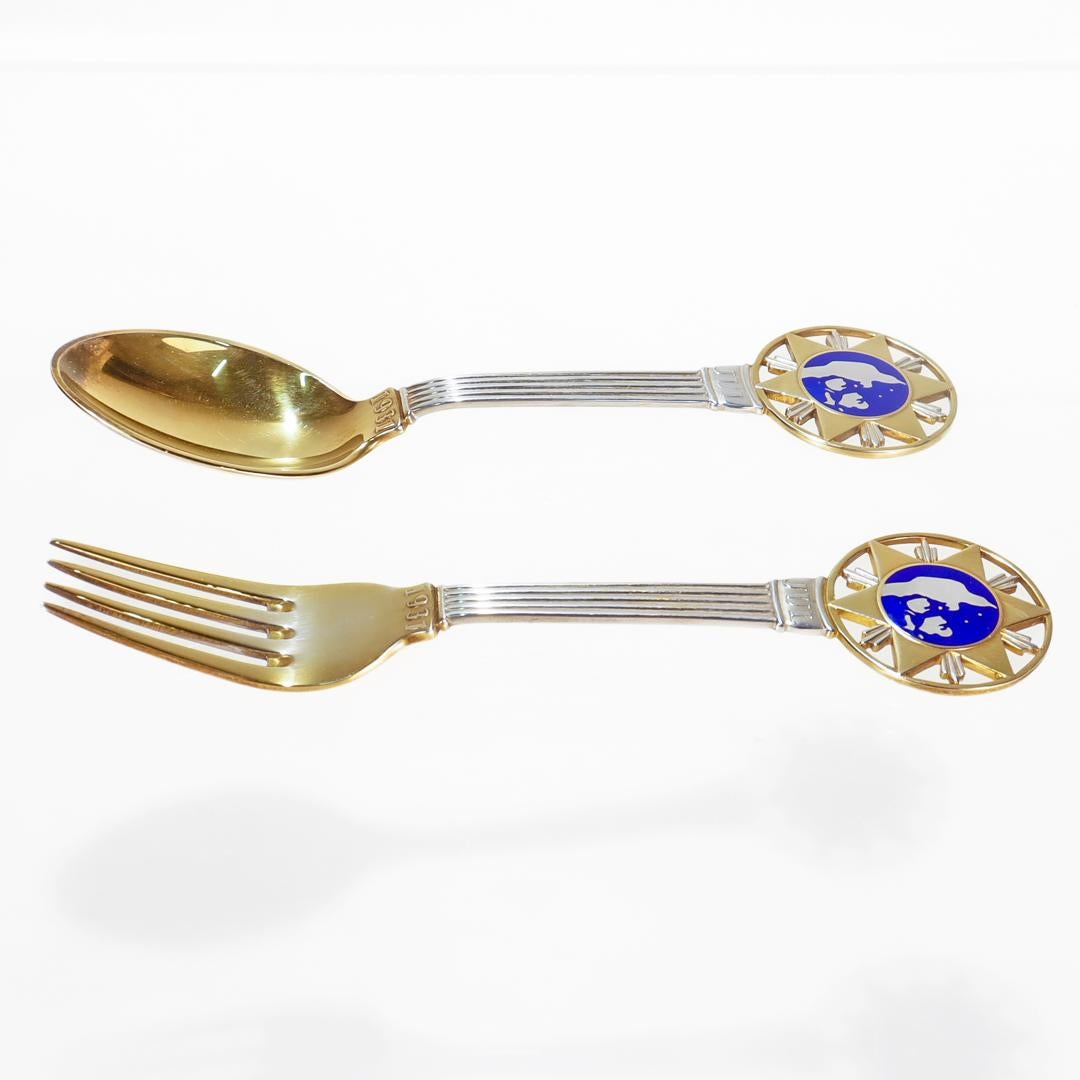 Art Deco A. Michelsen Sterling Silver & Enamel 1931 Christmas Spoon & Fork Set For Sale 1