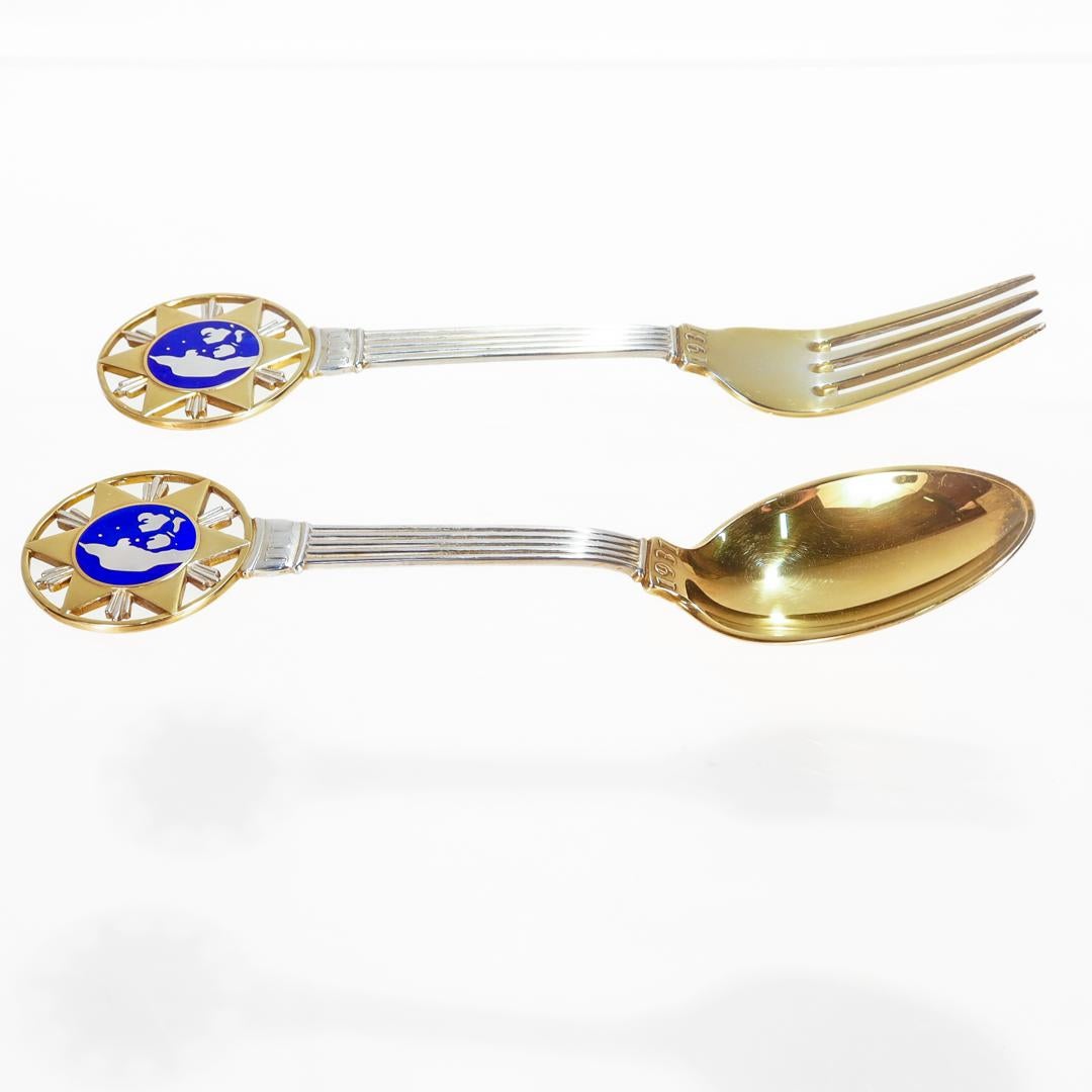 Art Deco A. Michelsen Sterling Silver & Enamel 1931 Christmas Spoon & Fork Set For Sale 2