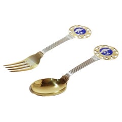 Art Deco A. Michelsen Sterling Silver & Enamel 1931 Christmas Spoon & Fork Set